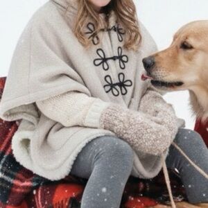 Max Studio Cream Hooded Poncho with Toggle Details